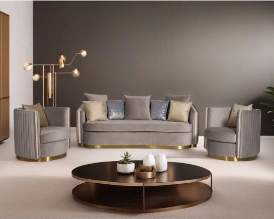 This 3+1+1 sofa set is an elegant statement piece with clean lines softened by subtle curves. Vertical channel quilting is an outstanding design detail on this sofa.