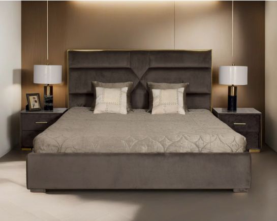 This lavish high-back bed in king size upholstered & quilted in suede fabric with wooden legs  It comes with hydraulic lift storage d bedside table with grey marble top with 2 drawers with matt gold base & handles in modern classic design.