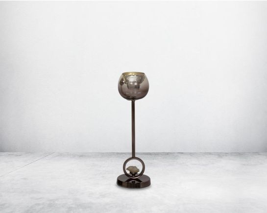 Pillar goblet candle holder in brown lustre glass with nickel-plated textured aluminum decorative base with a zeolite stone motiff  small