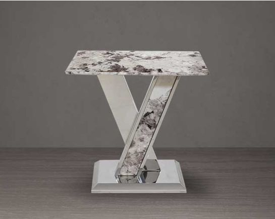 A stylish square end table with a natural white marble top and a glistening stainless steel crisscross base.