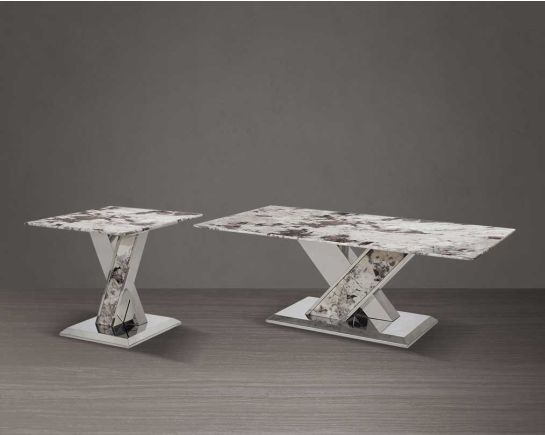 A stylish coffee and end table with a natural white marble top and a glistening stainless steel crisscross base.