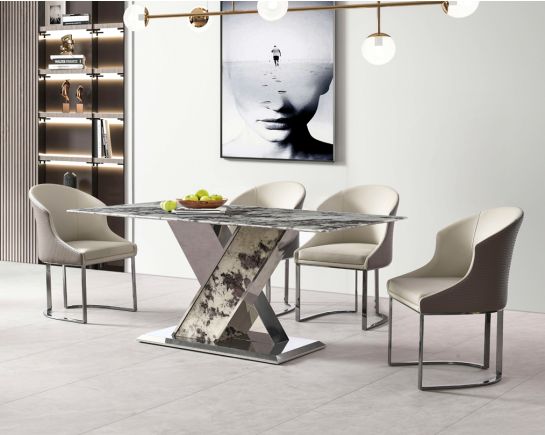 This stylish 6 & 8-seater rectangular dining table with a natural white marble top and a glistening stainless steel crisscross base. A chic chair with a lavish appeal with faux leather upholstery in two tones with stainless steel legs in glossy rose gold 