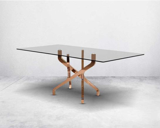 This chic 6 seater rectangular dining table with tempered glass table top which creates a striking contrast with shiny gold plated criss cross stainless steel base in rich contemporary design.