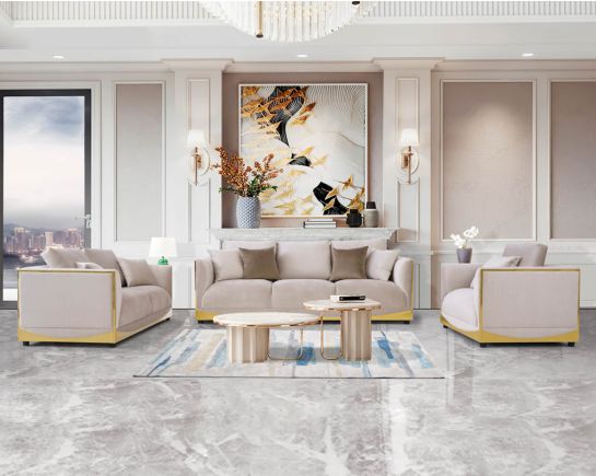 This 3+2+1 sofa set is an elegant statement piece with clean lines softened by subtle curves.