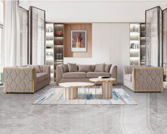 This gorgeous neo-classic 3+2+1 seater sofa set is upholstered in velvet fabric and comes with 8 beautiful cushions to compliment.