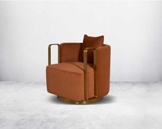 This chair represents artful luxury. It has been fashioned with revolving matt gold finished stainless steel base & armrests.