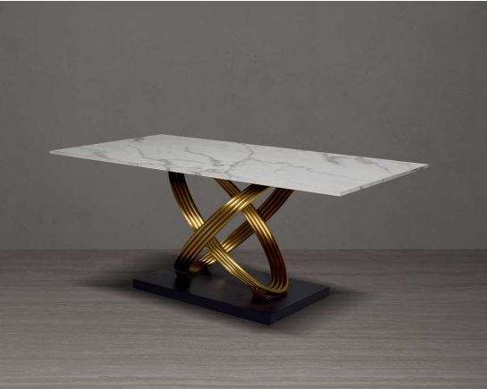 This voguish 6 seater rectangular dining table is cast with a white faux marble top & matt gold plated.