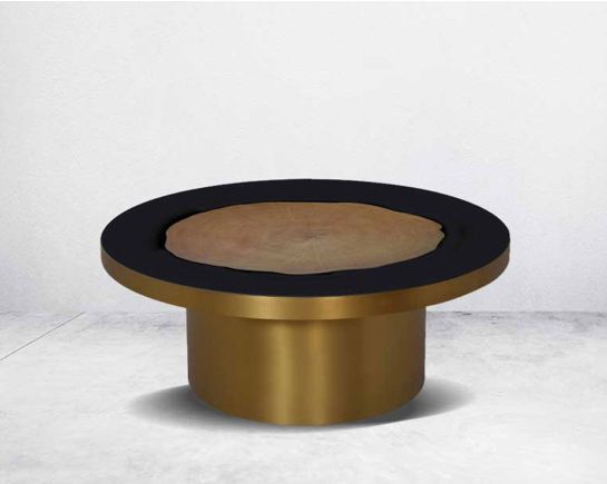 This sleek round black tempered glass with veneer inlay top coffee table