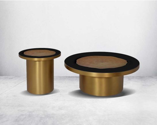 This sleek round black tempered glass with veneer inlay top coffee and End table with a tubular stainless steel matt gold finished base brings a rich contemporary luxurious style to any living room.