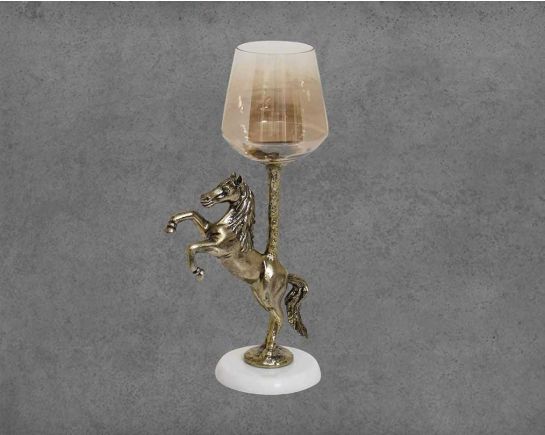 Adella Pillar Candle Holder with jumping horse in golden color- large