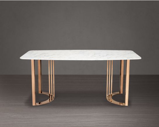 6 Seater rectangular dining table with white marble top and high polished rose gold plated stainless steel base