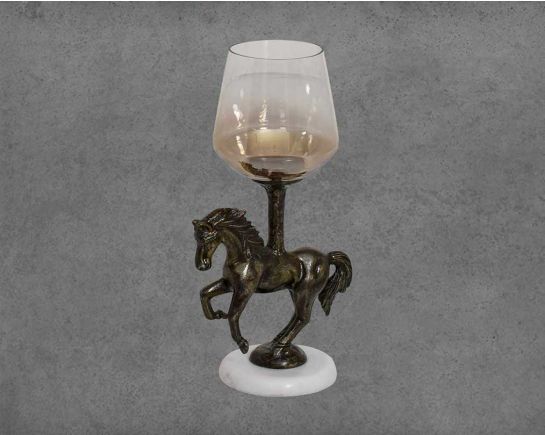 Adella Pillar Candle Holder with Standing horse in golden black color - Small