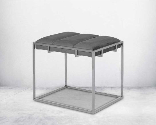 Ottoman upholstered in fabric with high polished stainless steel frame and legs side view