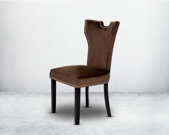 Dining chair upholstered in fabric with legs in wood. Stainless steel decorative ring at the back with stainless steel rivets.