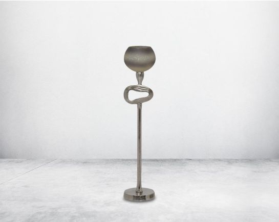 "Pillar goblet candle holder in white & grey luster glass with nickel-plated textured aluminum decorative base. " large 