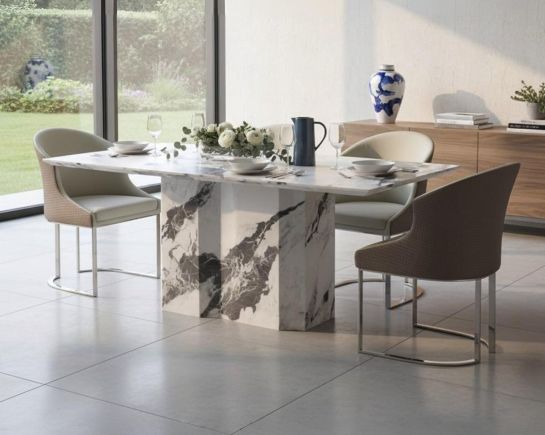 Incencio 6 & 8 Seater Marble Dining Table with Kyle Leatherette Silver Dining chair
