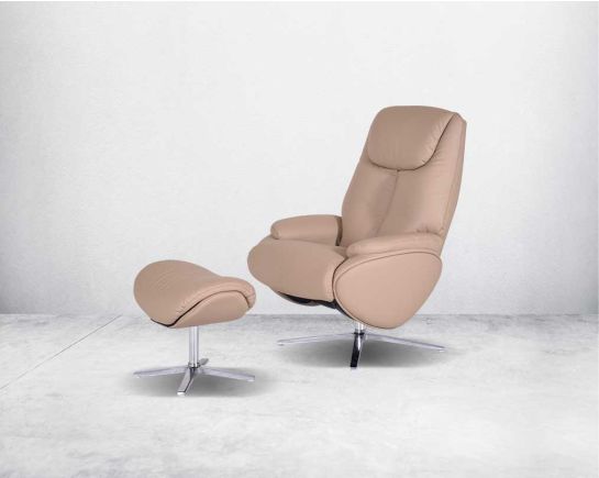 This grey faux leather upholstered recliner is a swivel glider & foot stool with stainless steel base