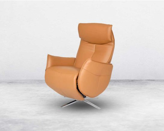 this luxurious ergonomically designed tan faux leather recliner. This high back chair comes with armrests curved beautifully with a stainless steel base to make an opulent addition to your space.