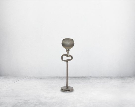 "Pillar goblet candle holder in white & grey luster glass with nickel-plated textured aluminum decorative base. " small