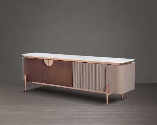 T.V. Unit in matt walnut veneer & high-quality matt paint with white sintered stone top and high polished rose gold plated stainless steel base & legs in modern design  side view 