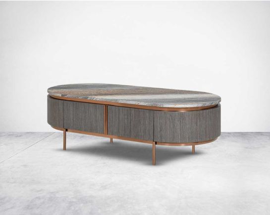 This ultra-modern sleek coffee table comes with a blue sand marble top with two drawers in silver oak veneer finish with the frame & legs in stainless steel with rose gold finish side view