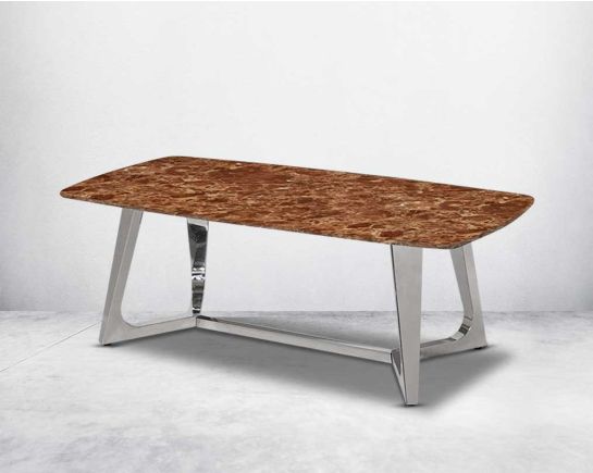 Rectangular coffee table with brown marble top and high polished stainless steel base and legs side view
