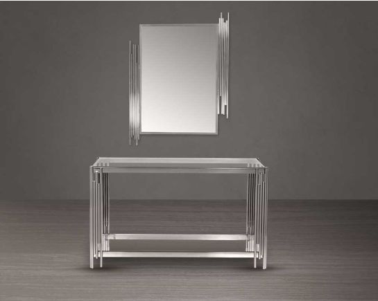 Wall mirror with stainless steel border in opulent & modern style. " Console table with clear glass
