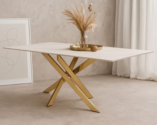 This chic 6 seaters rectangular dining table has a marble finish glass tabletop which creates a striking contrast with shiny gold plated stainless steel base.