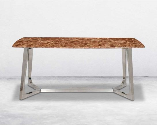 6 Seater rectangular dining table with brown marble top and high polished stainless steel base front view.