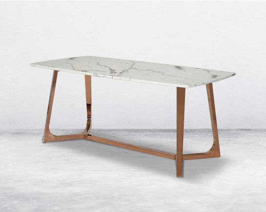 6 Seater rectangular dining table with white marble top and high polished stainless steel base with rose gold finish.