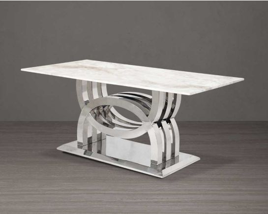 8 seater rectangular dining table with marble top comes with an artful stainless steel base.