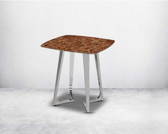 Square end table with brown marble top and high polished stainless steel base and legs side view