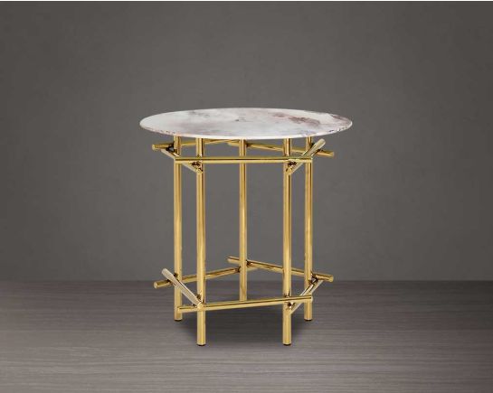 Round end table with marble finish glass top and gold plated stainless steel base in a geometric design.