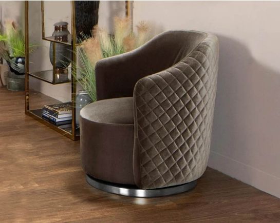 Quilted fabric leisure chair with stainless steel base with swivel, it comes with a cushion to compliment with side view.