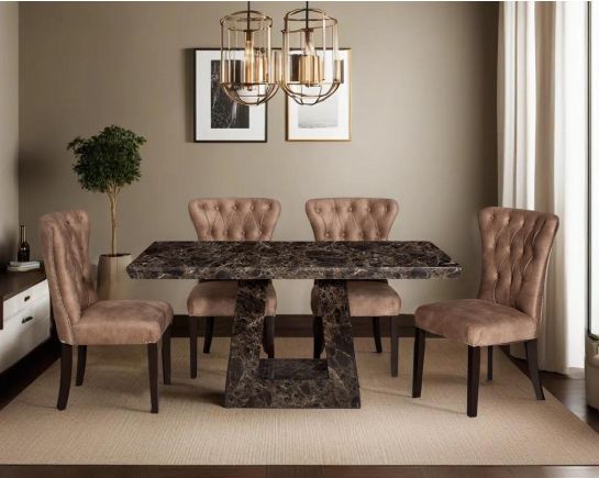 This 6 & 8 seater Rectangular Dining Table is beautifully crafted to add lasting quality & functionality to your dining space Dining chair upholstered in fabric with tufted back and birchwood legs.