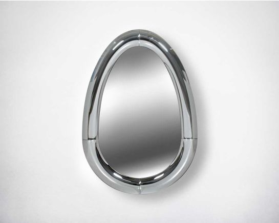 Elliptical wall mirror with silver curved mirror border in rich contemporary design.