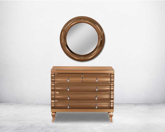 Round wall mirror with tawny curved mirror with table 6 drawer border in rich contemporary design.