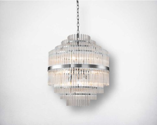 This 7-Light crystal pendant lamp features clear glass rods on a round metal frame.