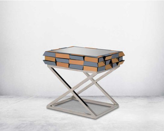 End table with clear glass top with grey & tawny mirror & high polished stainless steel legs in a cross design side view