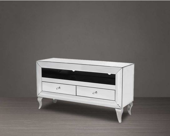 TV unit in a curved mirror with two drawers with side view