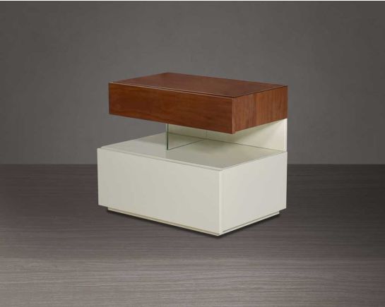 The gorgeous bedside table comes in beige glossy finish & light walnut top with one drawer.