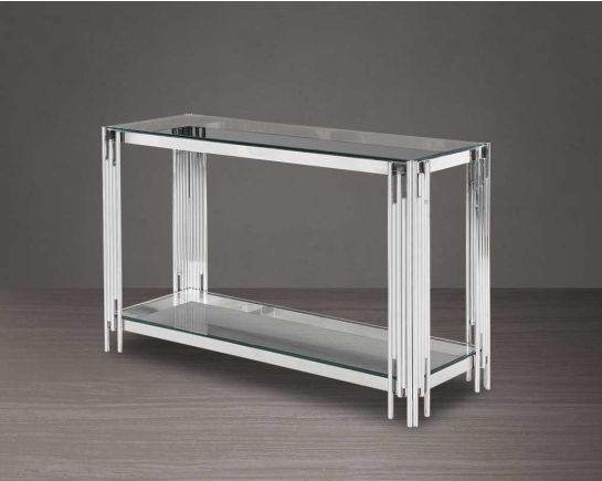 Console table with clear glass top with stainless steel base in sleek & opulent & modern style.