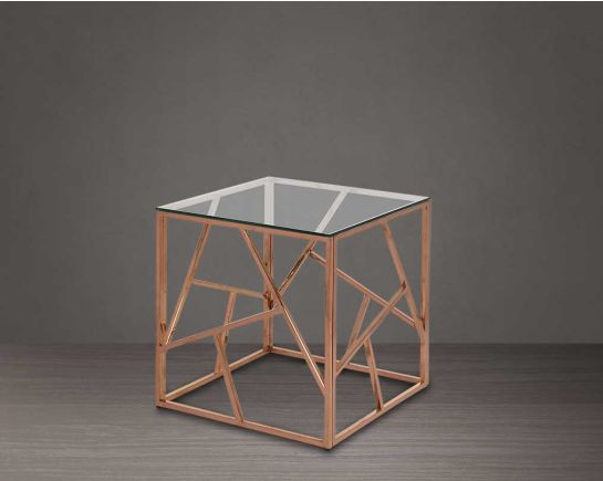 End table with clear glass top and rose gold plated stainless steel frame in sleek contemporary design.