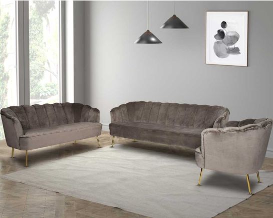 This 3+2+1 seater sofa set comes in a high-quality suede fabric with a quilted backrest that accentuates the simplicity inspired by the graceful blossom of a flower. It has gold-plated stainless steel legs in modern classic design.