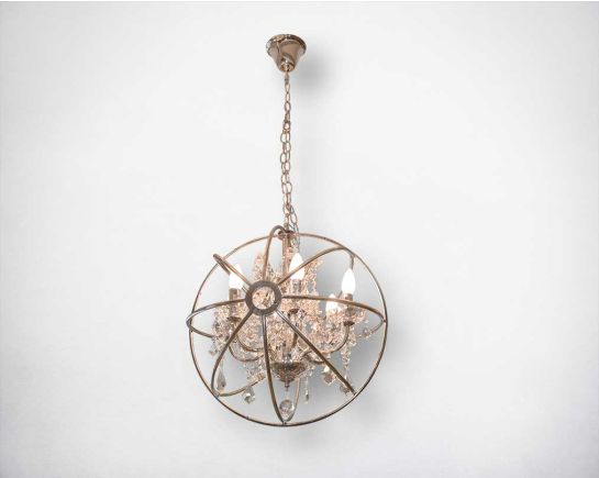 Pendant light with iron frame and crystal in cage motif in modern classic artful design.