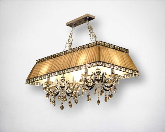 Rectangular pendant light in iron in crystal with translucent fabric shade.
