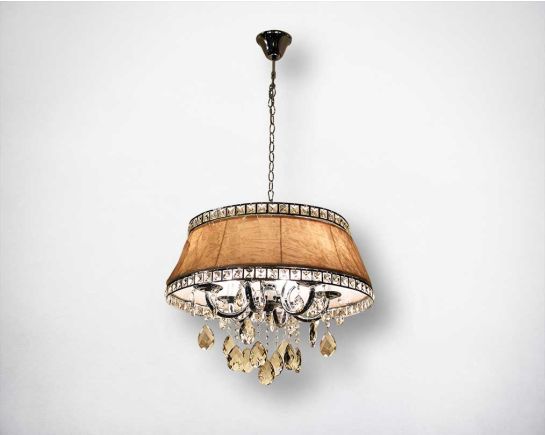 Round pendant light in iron in crystal with translucent fabric shade