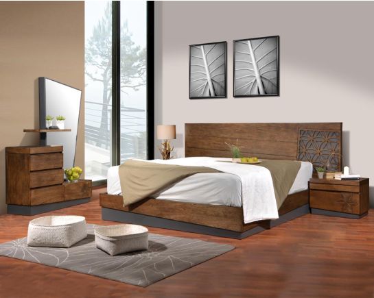 "This luxurious king-size bed adds a natural & rustic opulent style to your space.. Bedside table with one drawer in dark walnut & a dresser mirror with 4 drawers."