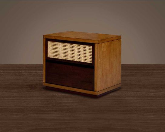 Bedside table with one drawer in dark walnut & oak veneer and one bamboo knitted drawer.
