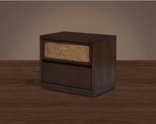 Bedside table with 2 drawers in dark walnut & bamboo knitted drawer.